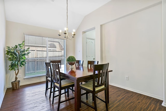 4506 Brazos Bend Dr, Pearland, TX 77584 - dining area featuring a chandelier, dark wood-style floors, baseboards, and vaulted ceiling