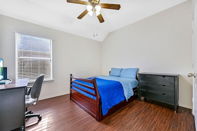 4506 Brazos Bend Dr, Pearland, TX 77584 - bedroom with baseboards, wood finished floors, an office area, vaulted ceiling, and ceiling fan