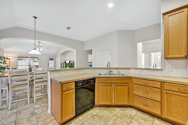 4506 Brazos Bend Dr, Pearland, TX 77584 - kitchen featuring dishwasher, a sink, ceiling fan, backsplash, and light countertops