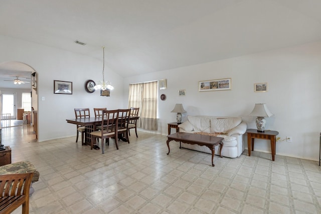 20207 Yellow Canyon Falls Dr, Tomball, TX 77375 - dining space featuring vaulted ceiling, plenty of natural light, a ceiling fan, arched walkways, and light flooring