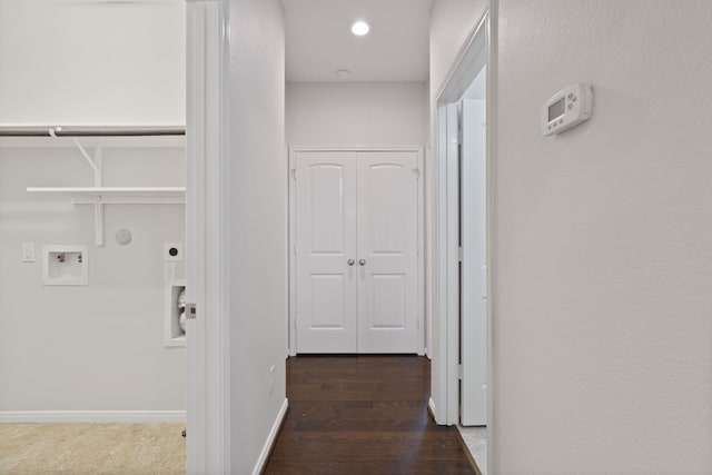 253 Dove Meadow Dr, Conroe, TX 77384 - hall with dark wood-style floors, baseboards, and recessed lighting