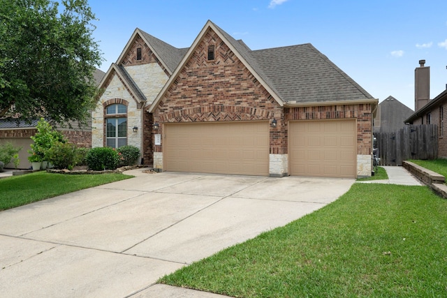 253 Dove Meadow Dr, Conroe, TX 77384 - view of front of home featuring a garage, concrete driveway, stone siding, brick siding, and a shingled roof