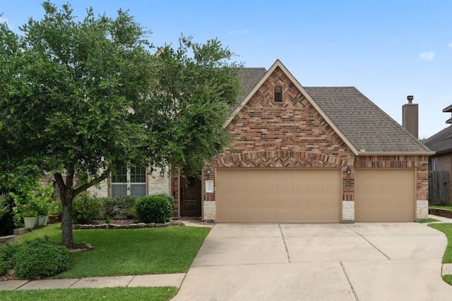 253 Dove Meadow Dr, Conroe, TX 77384 - view of front of house with an attached garage, driveway, brick siding, a shingled roof, and a front yard