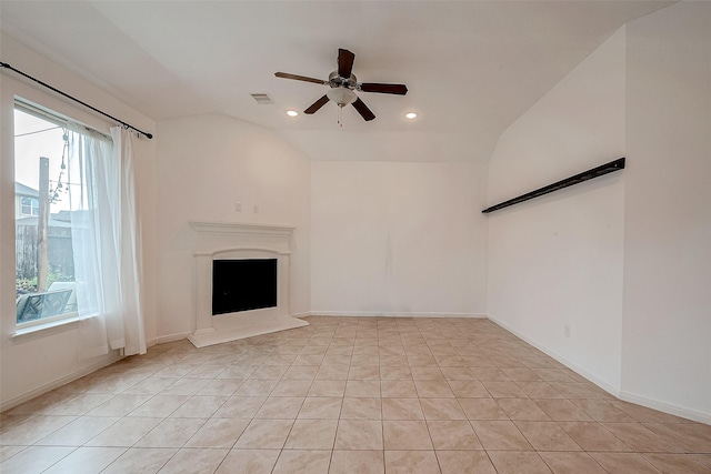 5339 Glenfield Spring Ln, Spring, TX 77389 - unfurnished living room with plenty of natural light, a ceiling fan, lofted ceiling, a fireplace with raised hearth, and recessed lighting