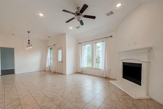 5339 Glenfield Spring Ln, Spring, TX 77389 - unfurnished living room with a fireplace with raised hearth, a ceiling fan, recessed lighting, light tile patterned floors, and baseboards