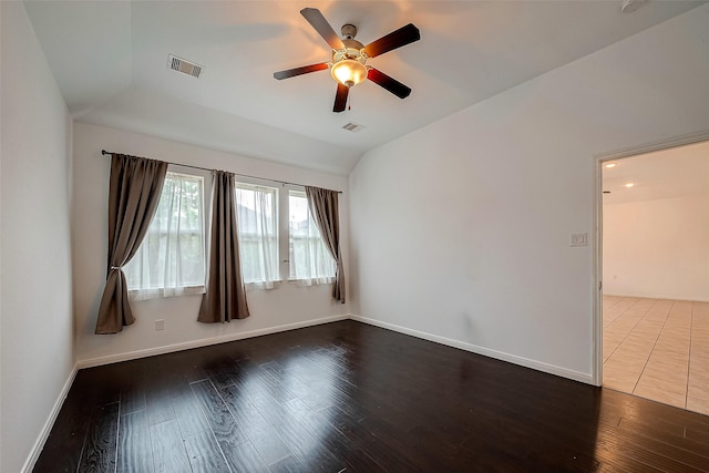 5339 Glenfield Spring Ln, Spring, TX 77389 - empty room featuring ceiling fan, lofted ceiling, wood finished floors, and baseboards