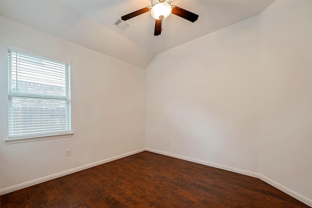 5339 Glenfield Spring Ln, Spring, TX 77389 - unfurnished room featuring ceiling fan, dark wood-style floors, baseboards, and vaulted ceiling