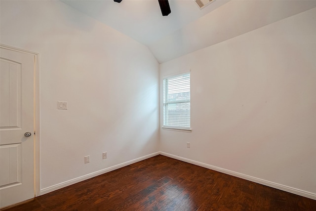 5339 Glenfield Spring Ln, Spring, TX 77389 - unfurnished room featuring ceiling fan, dark wood-style flooring, vaulted ceiling, and baseboards