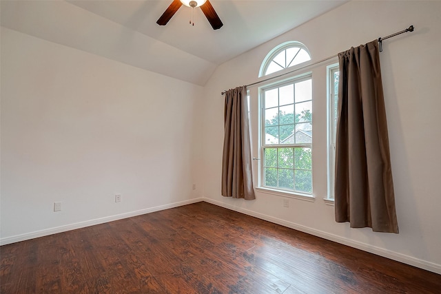 5339 Glenfield Spring Ln, Spring, TX 77389 - unfurnished room with dark wood-style flooring, lofted ceiling, ceiling fan, and baseboards