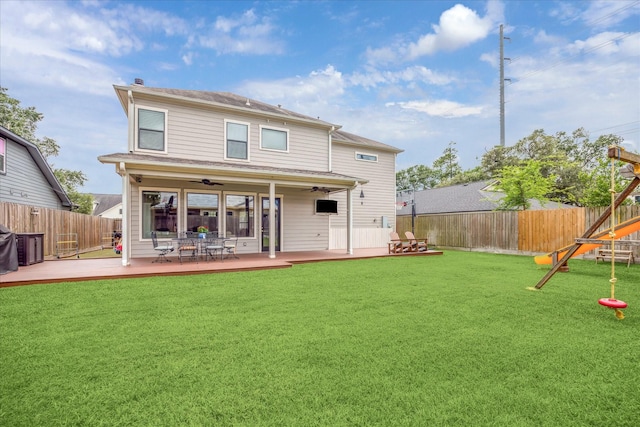 1346 Thornton Rd, Houston, TX 77018 - back of house featuring a ceiling fan, a deck, and a playground