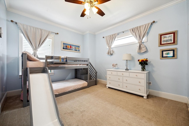 1346 Thornton Rd, Houston, TX 77018 - bedroom featuring carpet floors, crown molding, baseboards, and ceiling fan