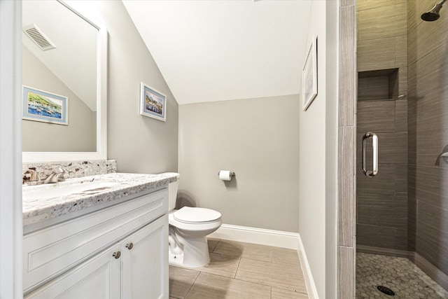 1346 Thornton Rd, Houston, TX 77018 - bathroom featuring a stall shower, vanity, lofted ceiling, toilet, and baseboards