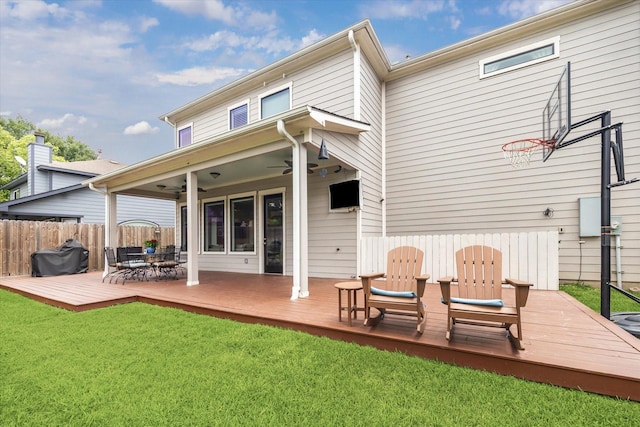 1346 Thornton Rd, Houston, TX 77018 - back of house with a wooden deck, a ceiling fan, and outdoor dining area