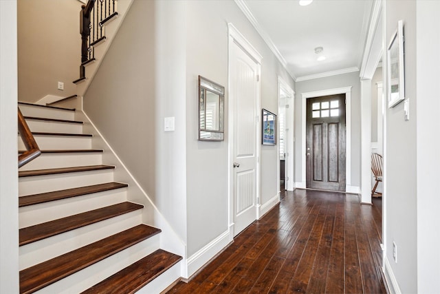 1346 Thornton Rd, Houston, TX 77018 - entrance foyer with crown molding, stairs, dark wood-type flooring, baseboards, and recessed lighting