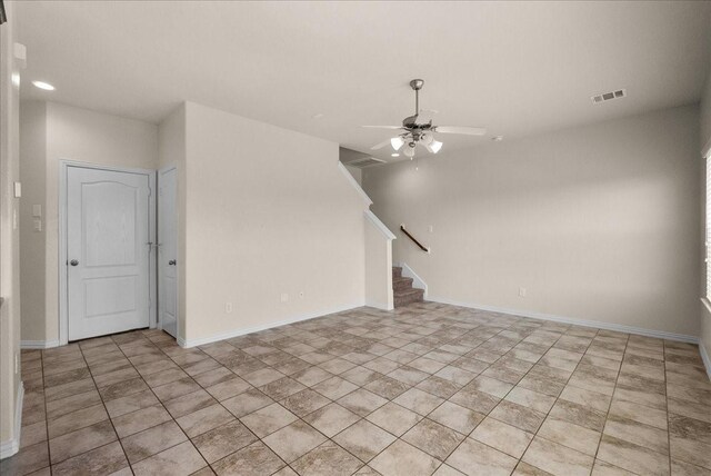 2114 Sand Ridge Dr, Texas City, TX 77568 - unfurnished living room with stairway, a ceiling fan, recessed lighting, and baseboards