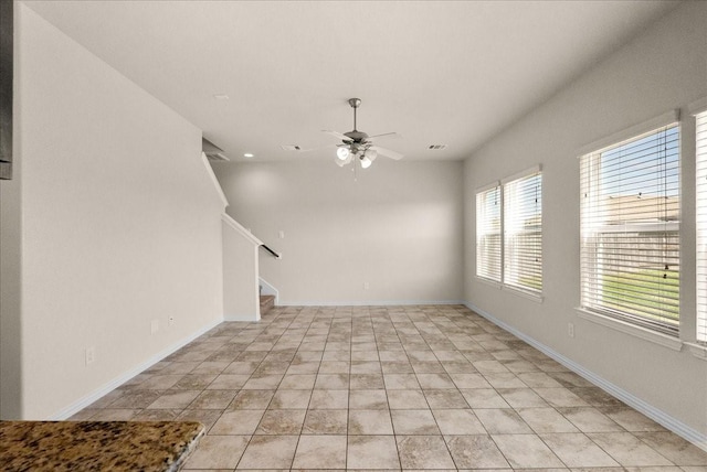 2114 Sand Ridge Dr, Texas City, TX 77568 - unfurnished living room with a ceiling fan, stairs, baseboards, and recessed lighting