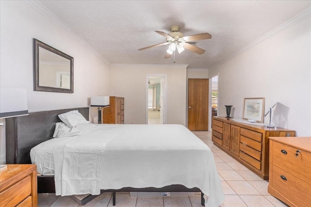2639 Valley Field Dr, Sugar Land, TX 77479 - bedroom featuring ornamental molding, a ceiling fan, light tile patterned flooring, and connected bathroom