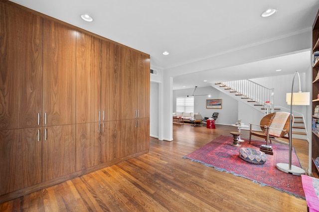2101 Banks St, Houston, TX 77098 - living room featuring wood finished floors, stairs, recessed lighting, and baseboards
