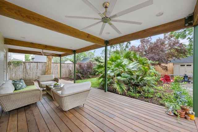 2101 Banks St, Houston, TX 77098 - deck featuring a ceiling fan, a fenced backyard, and outdoor lounge area