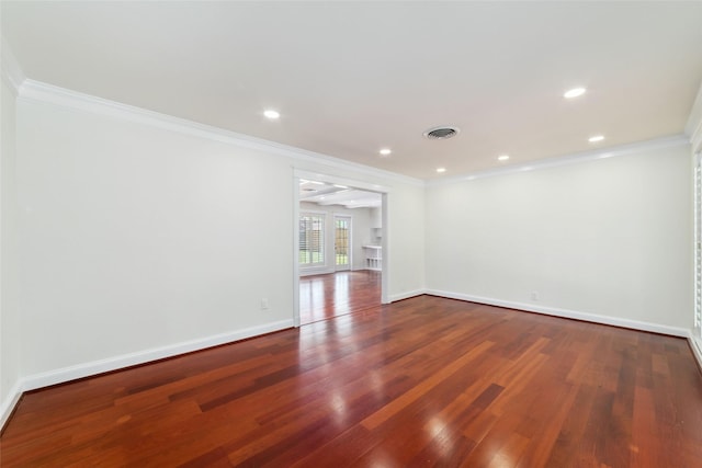 9643 Meadowcroft Dr, Houston, TX 77063 - empty room featuring ornamental molding, dark wood-style floors, baseboards, and recessed lighting