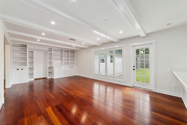 9643 Meadowcroft Dr, Houston, TX 77063 - unfurnished living room featuring wood finished floors, beamed ceiling, and baseboards