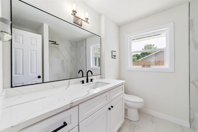 9643 Meadowcroft Dr, Houston, TX 77063 - full bathroom with vanity, toilet, marble finish flooring, a marble finish shower, and baseboards