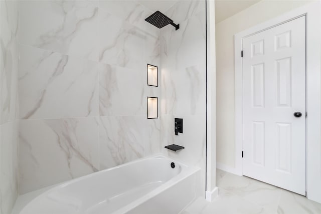 9643 Meadowcroft Dr, Houston, TX 77063 - bathroom featuring marble look tile flooring, shower / washtub combination, and baseboards