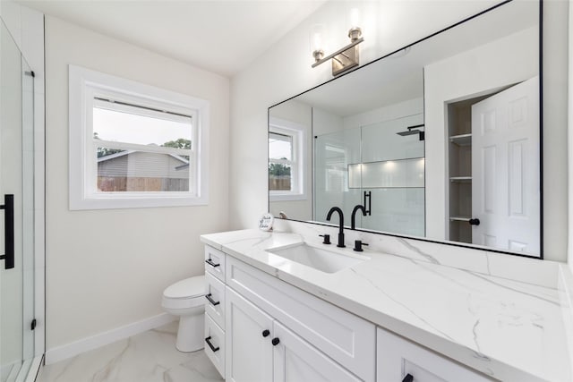 9643 Meadowcroft Dr, Houston, TX 77063 - full bath featuring vanity, a stall shower, baseboards, toilet, and marble finish floors