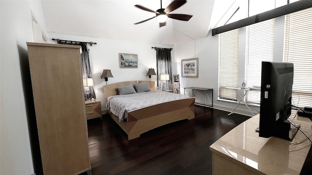 19823 Sunbridge Ln, Houston, TX 77094 - bedroom with dark wood-type flooring, high vaulted ceiling, ceiling fan, and baseboards