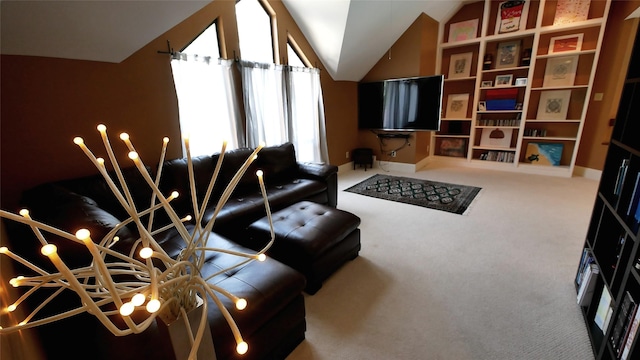 19823 Sunbridge Ln, Houston, TX 77094 - living room featuring carpet, lofted ceiling, and baseboards