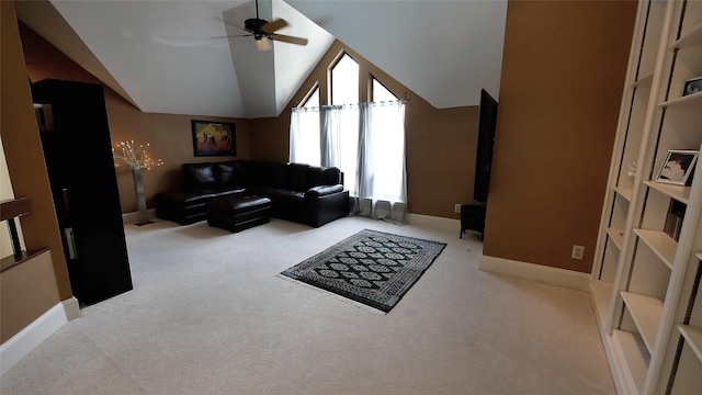 19823 Sunbridge Ln, Houston, TX 77094 - carpeted living area featuring a ceiling fan, baseboards, and lofted ceiling