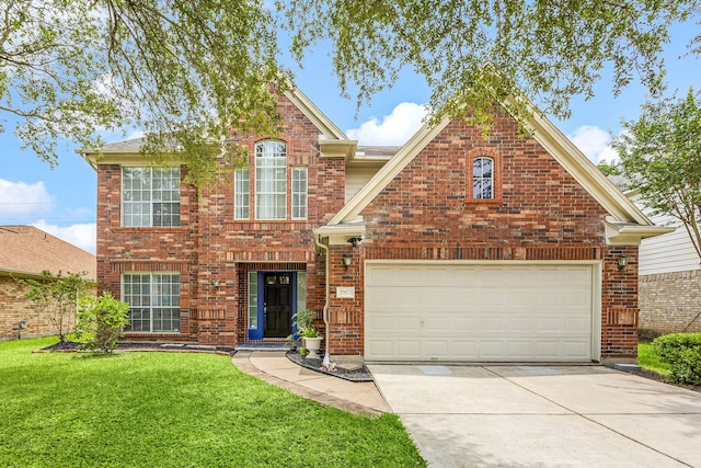 17823 Scenic Oaks Dr, Richmond, TX 77407 - traditional home with concrete driveway, brick siding, a front lawn, and an attached garage