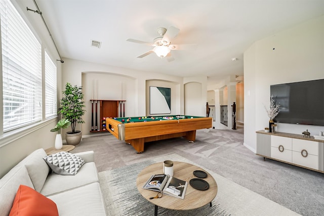 7319 Fair Meadow Ln, Katy, TX 77494 - playroom featuring light carpet, billiards table, a ceiling fan, decorative columns, and baseboards
