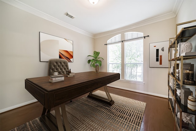 7319 Fair Meadow Ln, Katy, TX 77494 - office area featuring wood finished floors, ornamental molding, and baseboards