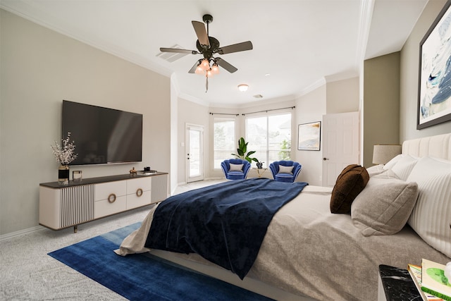7319 Fair Meadow Ln, Katy, TX 77494 - bedroom featuring carpet, access to exterior, crown molding, baseboards, and ceiling fan
