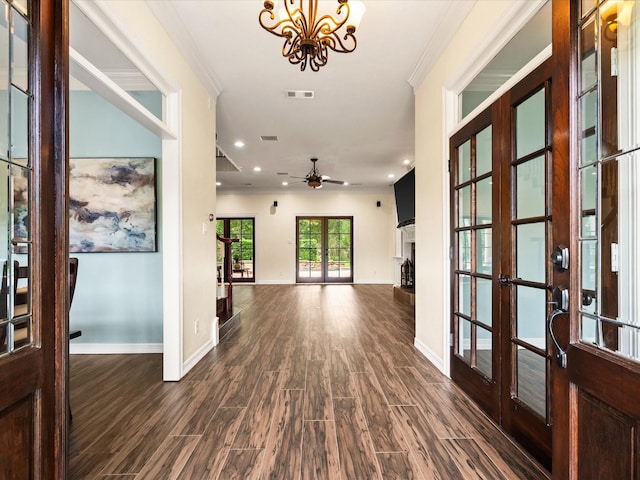 9810 Clubhouse Cir, Magnolia, TX 77354 - foyer featuring french doors, dark wood-style flooring, baseboards, recessed lighting, and ceiling fan