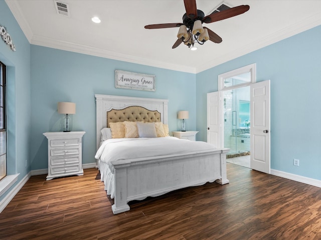 9810 Clubhouse Cir, Magnolia, TX 77354 - bedroom with crown molding, wood finished floors, baseboards, ensuite bath, and ceiling fan