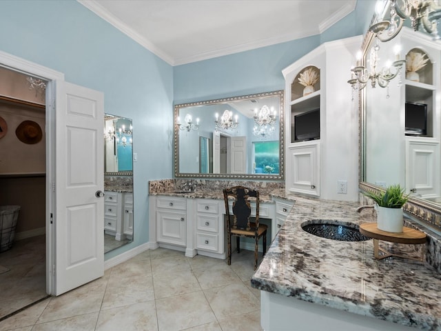 9810 Clubhouse Cir, Magnolia, TX 77354 - full bath with a chandelier, vanity, ornamental molding, tile patterned floors, and decorative backsplash