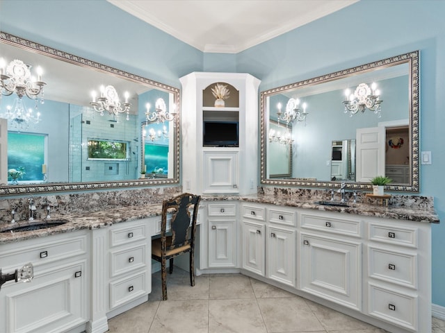 9810 Clubhouse Cir, Magnolia, TX 77354 - full bath with a chandelier, vanity, crown molding, and tile patterned flooring