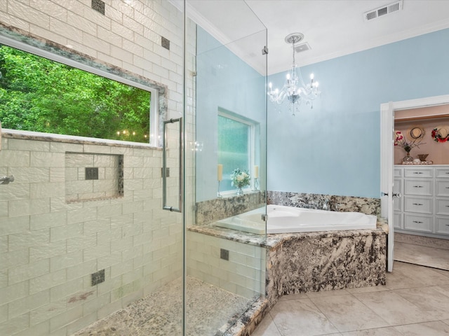 9810 Clubhouse Cir, Magnolia, TX 77354 - full bathroom with a bath, a shower stall, ornamental molding, a chandelier, and tile patterned floors