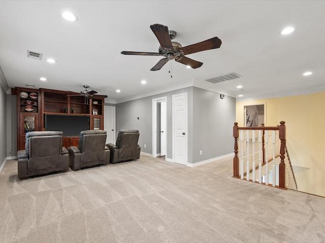 9810 Clubhouse Cir, Magnolia, TX 77354 - living area with a ceiling fan, crown molding, recessed lighting, light carpet, and baseboards