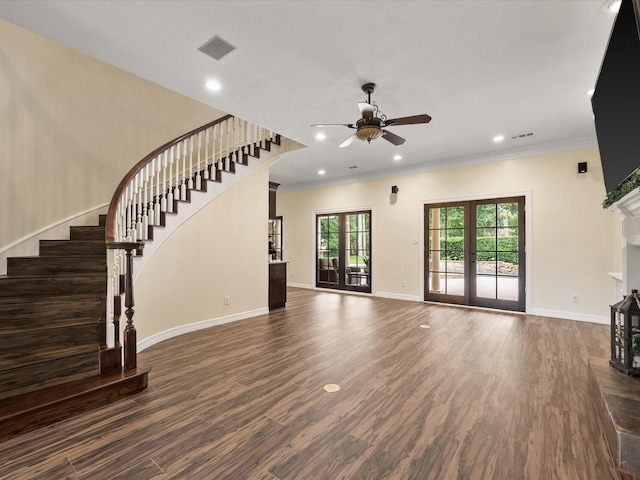 9810 Clubhouse Cir, Magnolia, TX 77354 - unfurnished living room with a ceiling fan, crown molding, stairs, baseboards, and dark wood-style floors