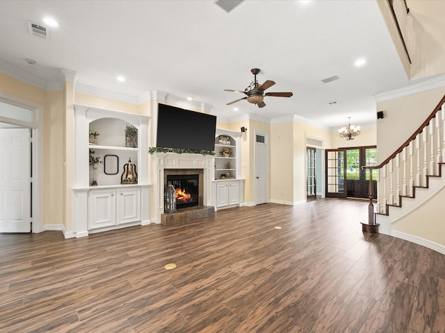 9810 Clubhouse Cir, Magnolia, TX 77354 - unfurnished living room with baseboards, dark wood-type flooring, a tiled fireplace, ceiling fan, and recessed lighting