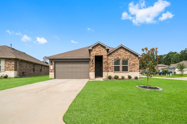 3713 Shady Elk Ct, Conroe, TX 77301 - ranch-style home with brick siding, a garage, driveway, and a front yard