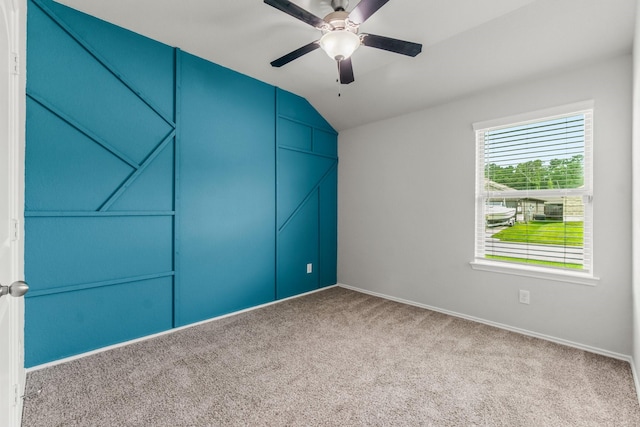 3713 Shady Elk Ct, Conroe, TX 77301 - empty room with carpet floors, vaulted ceiling, baseboards, and a ceiling fan