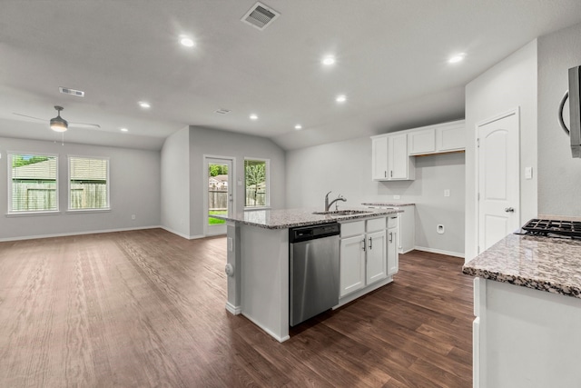 3713 Shady Elk Ct, Conroe, TX 77301 - kitchen featuring stainless steel dishwasher, dark wood-type flooring, a sink, an island with sink, and light stone counters