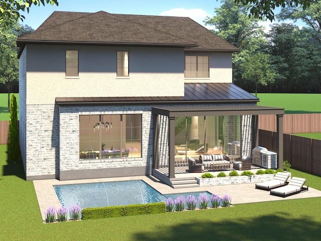 3755 Rice Blvd, Houston, TX 77005 - rear view of house with a standing seam roof, a patio area, stucco siding, an outdoor hangout area, and stone siding