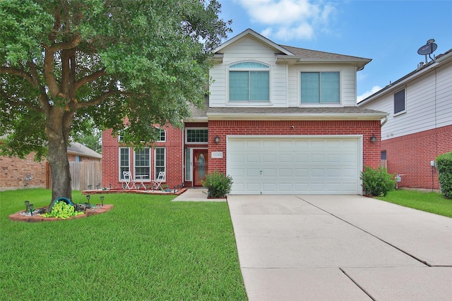 12010 Piney Bend Dr, Tomball, TX 77375 - traditional-style house with an attached garage, concrete driveway, brick siding, and roof with shingles