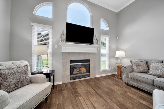 12010 Piney Bend Dr, Tomball, TX 77375 - living area featuring a fireplace, wood finished floors, ornamental molding, baseboards, and a high ceiling