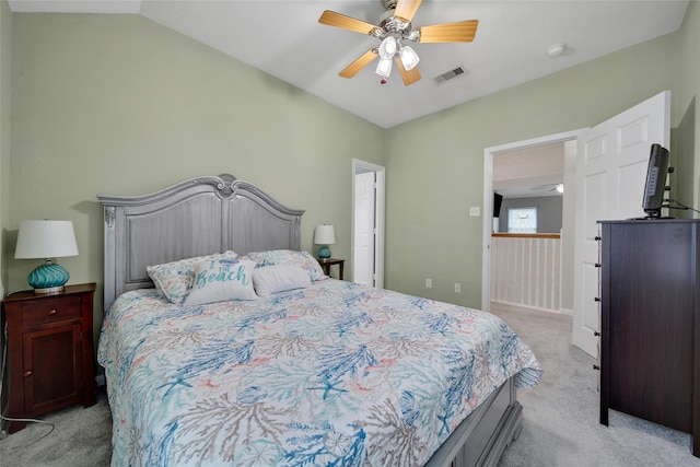 12010 Piney Bend Dr, Tomball, TX 77375 - bedroom featuring light colored carpet, lofted ceiling, and ceiling fan